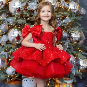 2024 New Christmas Children's Dress Flower Wedding Sequenant Princess Princess Skirt 2-10 years old Red Girl Dress Spot