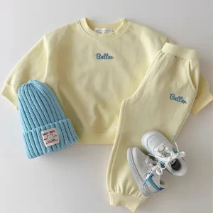 Korean letter clothing sportswear baby baby spring and autumn pure cotton sweater+trousers baby girl casual solid color set 2PS