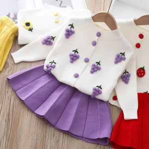 Girls long sleeve knitting suit 2025 Christmas autumn winter new girls sweater cardigan knitting Top + skirt two piece set