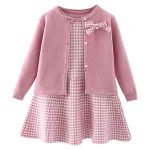 Autumn children's baby sweater knitting long sleeve dress Christmas Day party girl's plaid sweater coat Plaid vest suit dress